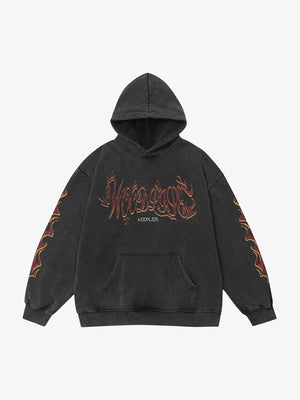 Washed Flame Hoodie mit Gothic-Schriftzug – Washed Black, Vorderansicht | XoKool