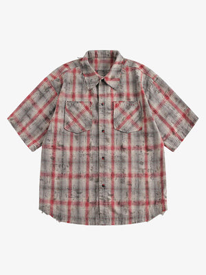 Distressed Patch Plaid Short-Sleeve Shirt - thumbnail 1