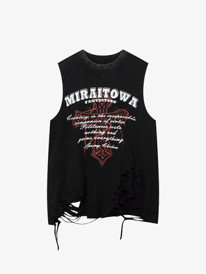 Distressed Ripped Graphic Cross Print Vest - thumbnail 2