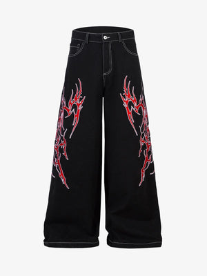 Black Baggy Jeans with Red Flame Embroidery – Front flat | XoKool