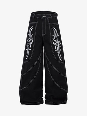 Black Baggy Jeans with Tribal Embroidery – Black, front flat | XoKool