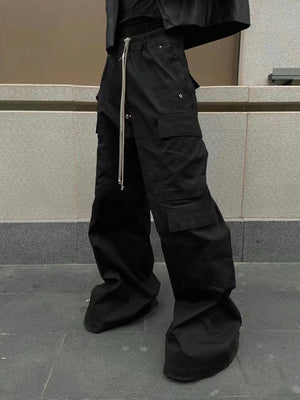 Black Wide Leg Cargo Pants with Drawstring – on model, street | XoKool