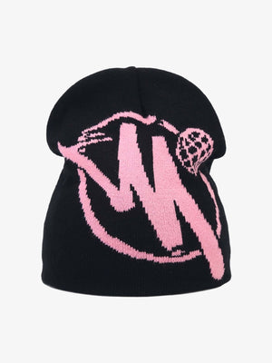 Zweifarbige Jacquard Totenkopf Beanie mit Kreis-Emblem – Schwarz/Rosa, Vorderansicht | XoKool