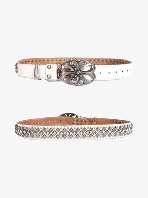 Pyramid Studded Belt with Big Oval Buckle – White, flat view front and back | XoKool