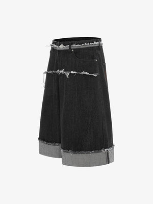 Jorts negros con dobladillo vuelto y bandas de borde sin rematar – vista lateral plana | XoKool