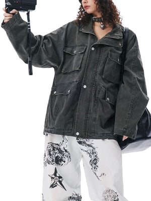 Retro Washed Distressed Multi-Pocket Work Jacket - thumbnail 2