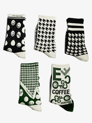 Smiley Face Crew Socks in Black or Houndstooth Green – group flat lay | XoKool