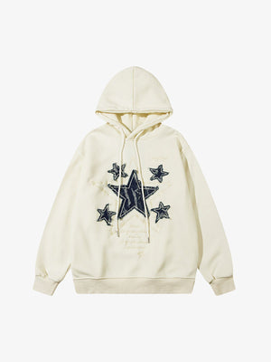 Jeans Stern Patch Hoodie mit Fleece-Futter – Creme, Vorderansicht | XoKool