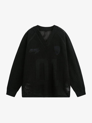 Vintage Ripped Long Sleeve Knitted Jersey V-Neck Sweater - thumbnail 2
