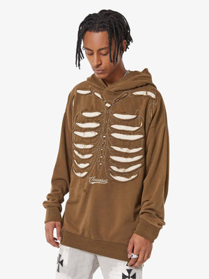 Washed Brown Skeleton Hoodie with Rib Cage Applique – on model, front | XoKool