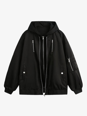 Layered Hooded Bomber Jacket with Zip Pockets – Black, front view | XoKool