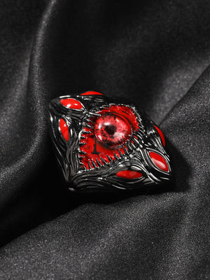Gothic Red Eye Statement Ring in Gunmetal – On black satin | XoKool