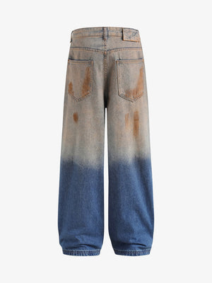 Zweifarbige zerrissene Baggy Jeans in Rost und Blau – Rückansicht | XoKool