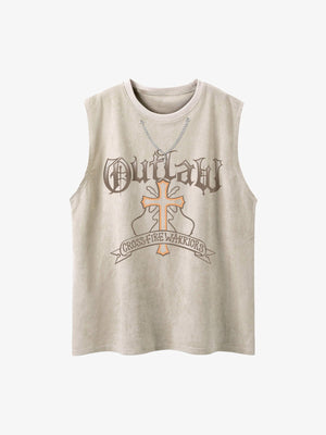 Acid Wash Gothic Tanktop mit Kreuz und Kette – Beige, Vorderansicht | XoKool