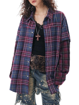 Retro Faux Two-Piece Plaid Shirt - thumbnail 2