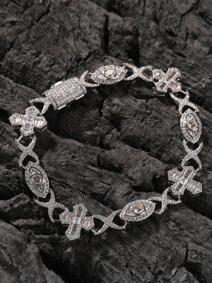 Iced Evil Eye and Cross Link Bracelet – On dark wood, full bracelet | XoKool