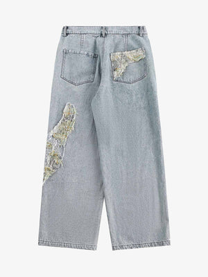 Light Wash Straight Jeans with Lace Patches – back view | XoKool