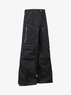 Black Wide Leg Cargo Jeans with Tiered Pleats – side view | XoKool