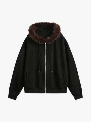 Fur trim zip up hoodie – Black with Brown Fur, front view | XoKool