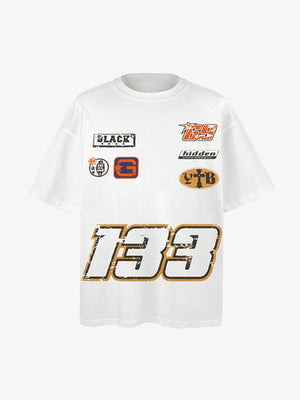 Oversized Racing Number T-Shirt with Badge Prints – White, front view | XoKool