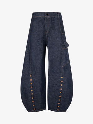 Barrel Jeans with Button Rows Down the Leg – Dark indigo, front flat | XoKool