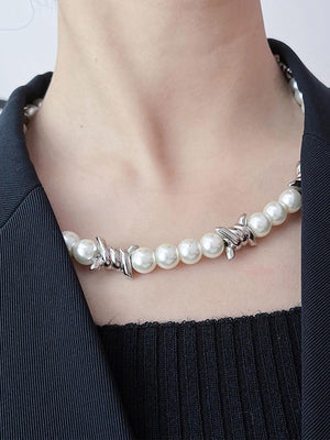 Pearl Choker with Barbed Wire Twists – on model neck | XoKool