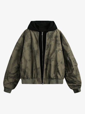 Tie-Dye Cropped Bomber Jacket with Hood – Olive, front view | XoKool