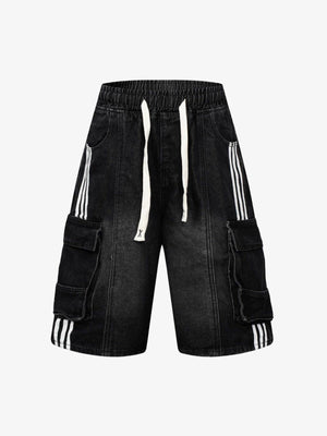 Denim Cargo Shorts mit Tunnelzug und Seitenstreifen – Washed Black, Vorderansicht | XoKool