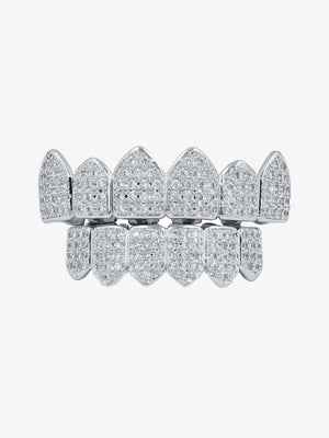 Vampire fang grillz – Silver, top and bottom set front view | XoKool