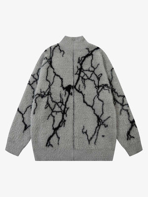 Fuzzy Lightning Jacquard Zip Up Sweater – Grey, front view | XoKool