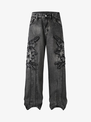 Raw Edge Patchwork Baggy Jeans – Washed Grey, front view | XoKool