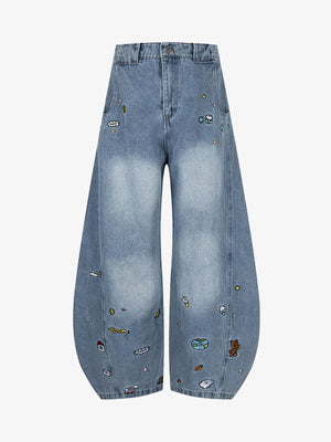 Embroidered Barrel Jeans with Cute Patches – Light Blue flat front | XoKool