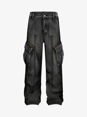 Dirty Wash Cargo Jeans mit Biesennähten – Schwarz, Vorderseite flach | XoKool