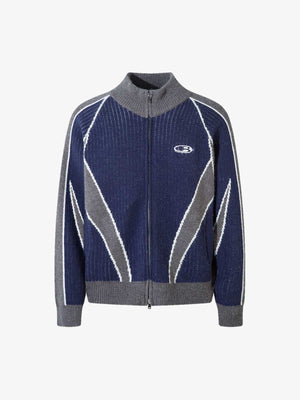 Retro Color Block Zip Strickjacke – Navy, Vorderansicht | XoKool