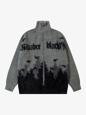 Fuzzy Forest and Bird Strick Zip Pullover – Grau, Vorderansicht | XoKool