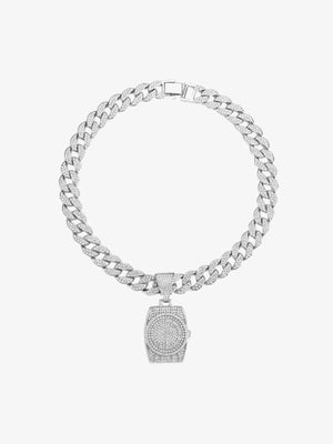 Cadena cubana iced out con colgante de reloj – plateada, vista frontal plana | XoKool