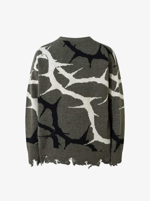 Ripped Thorn Jacquard Knit Sweater – Grey, back view | XoKool