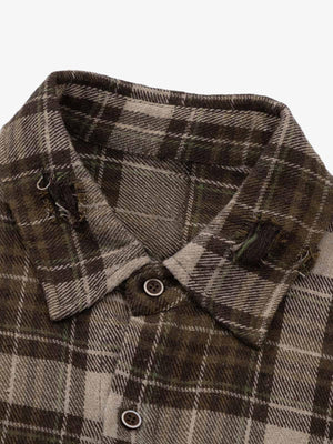 Ripped Patchwork Brown Flannel Shirt – collar close-up | XoKool