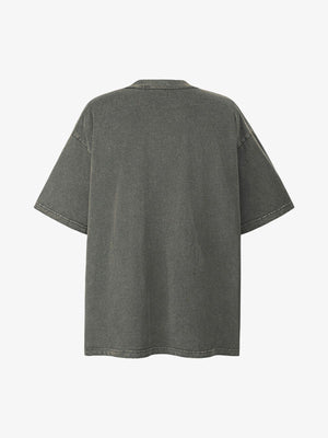 Oversized Racing Number T-Shirt with Badge Prints – Washed Olive Grey, back view | XoKool