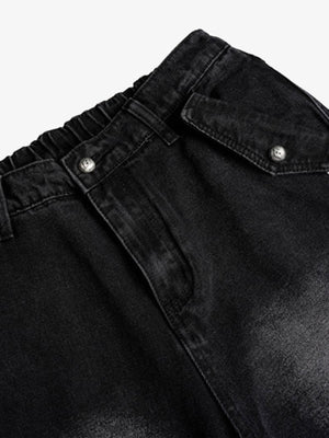 Faded Black Side Stripe Jeans with Strap Tabs – front waist close-up | XoKool