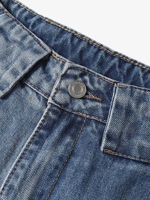 Spot Bleached Wide Leg Jeans in Mid Blue – button close-up | XoKool
