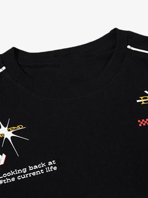 Racing Graphic Tee with Contrast Piping – Black, chest print close-up | XoKool