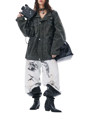 Retro Washed Distressed Multi-Pocket Work Jacket - thumbnail 3