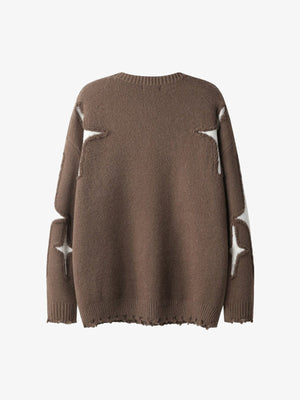 Oversized Strick-Pullover mit Stern und ausgefranstem Saum – Braun, Rückansicht | XoKool