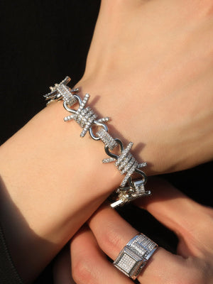 Iced Barbed Wire Bracelet in Silver-Tone – on wrist, model with ring | XoKool