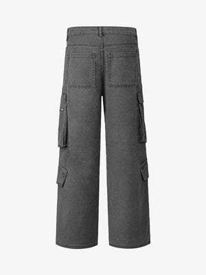 Washed Multi Pocket Cargo Pants with Split Hem – Dark Grey, back flat lay | XoKool