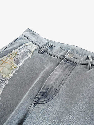 Light Wash Straight Jeans with Lace Patches – waist close-up | XoKool