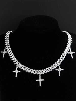 Iced Cuban Link Choker with Cross Charms – Silver, on bust, black background | XoKool