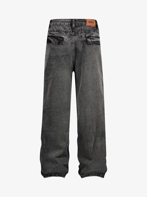 Straight Leg Cargo Jeans with Buckle Straps – Washed Grey, back view | XoKool
