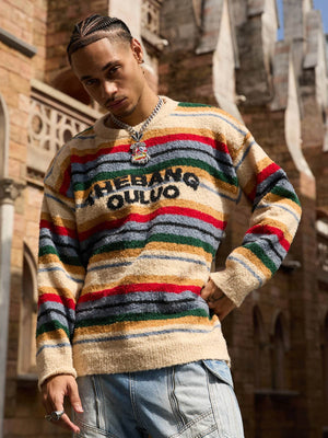 Fuzzy Multicolor Striped Letter Sweater – on model, front | XoKool